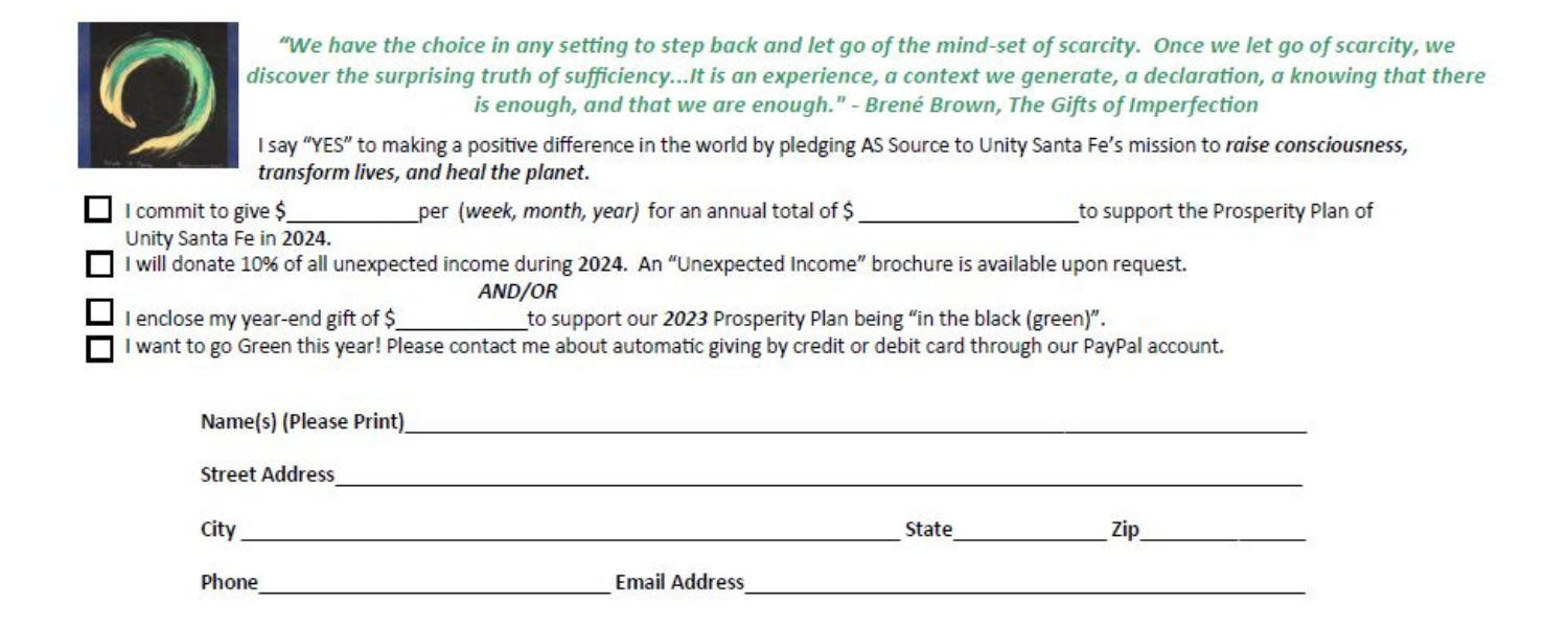 Prosperity In Action 2024 Unity Santa Fe   Pledge Card 2024 